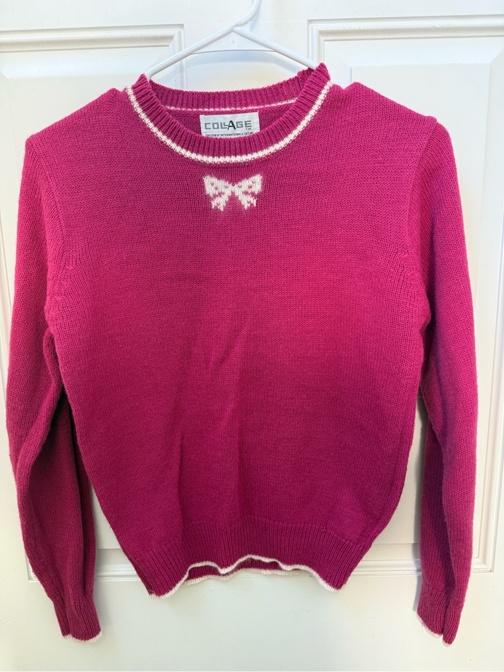 Vintage Collage Made in Korea Fuchsia Crewneck Sweater with White Bow Trim
